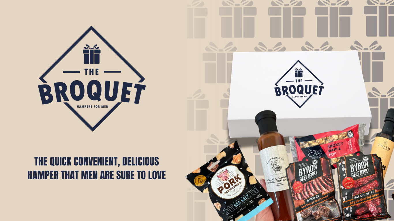 Gourmet food hamper with 'The Broquet' branding on a beige background